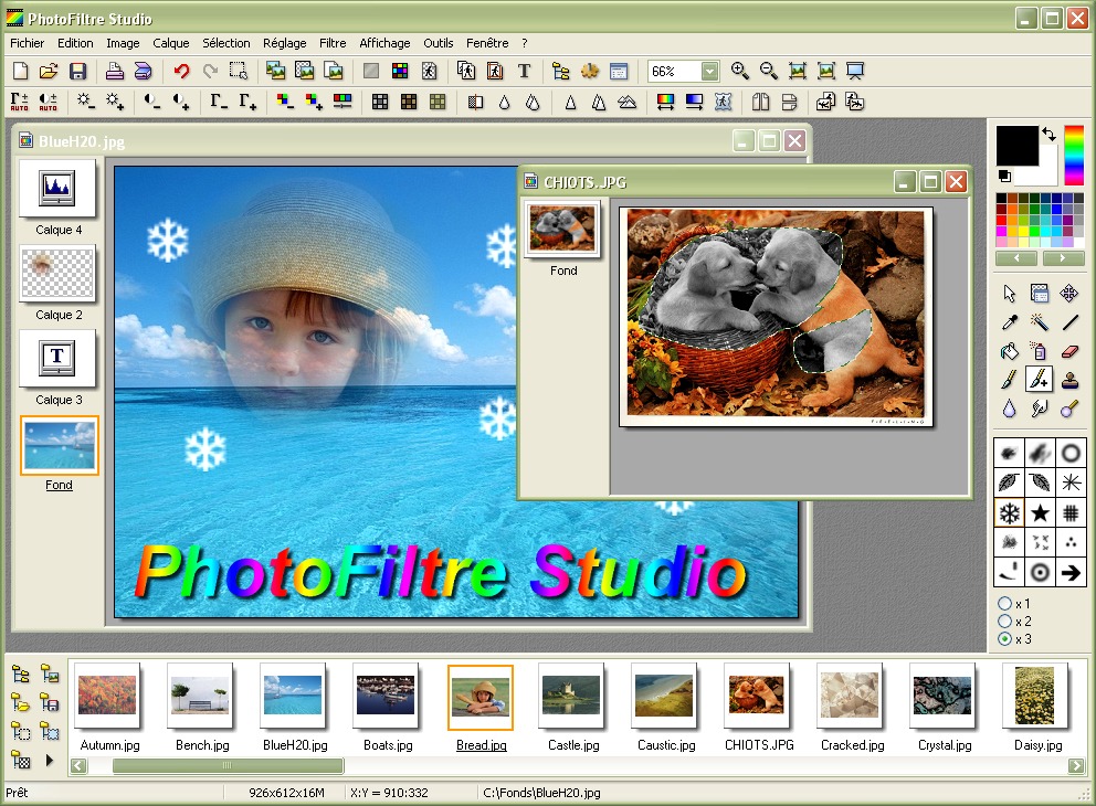 Интерфейс PhotoFiltre Studio с окнами изображений, слоями, панелями инструментов и проводником