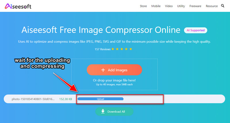 Строка загрузки и автоматического сжатия файла в Aiseesoft Free Image Compressor Online