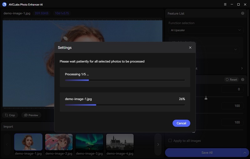 Окно пакетной обработки AVCLabs Photo Enhancer AI с прогрессом файлов