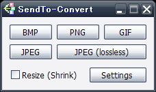Компактное окно конвертации SendTo-Convert с кнопками BMP PNG GIF JPEG и JPEG lossless