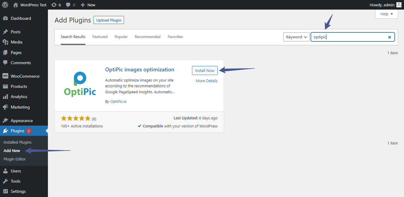 Установка плагина OptiPic в панели WordPress
