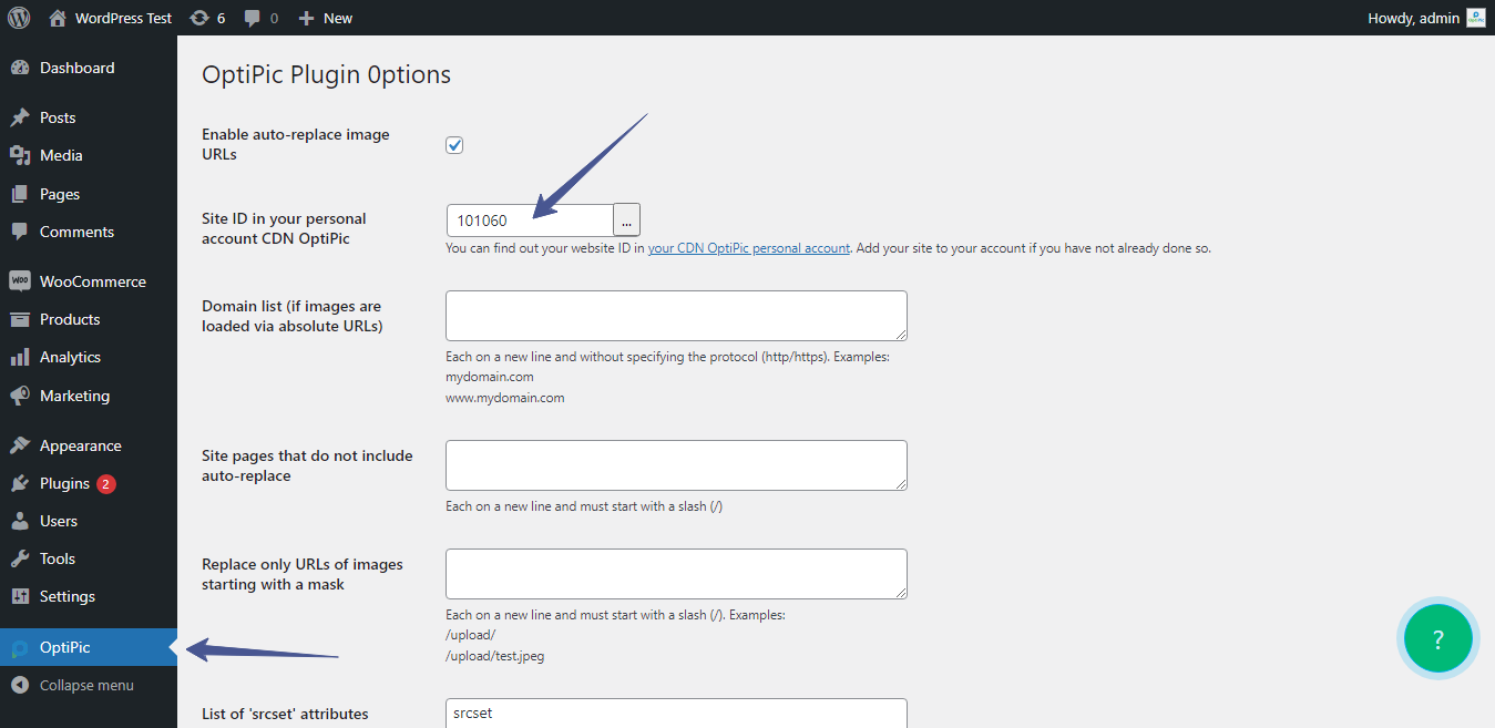 Настройки OptiPic Plugin Options в WordPress с Site ID, доменами, исключениями и srcset