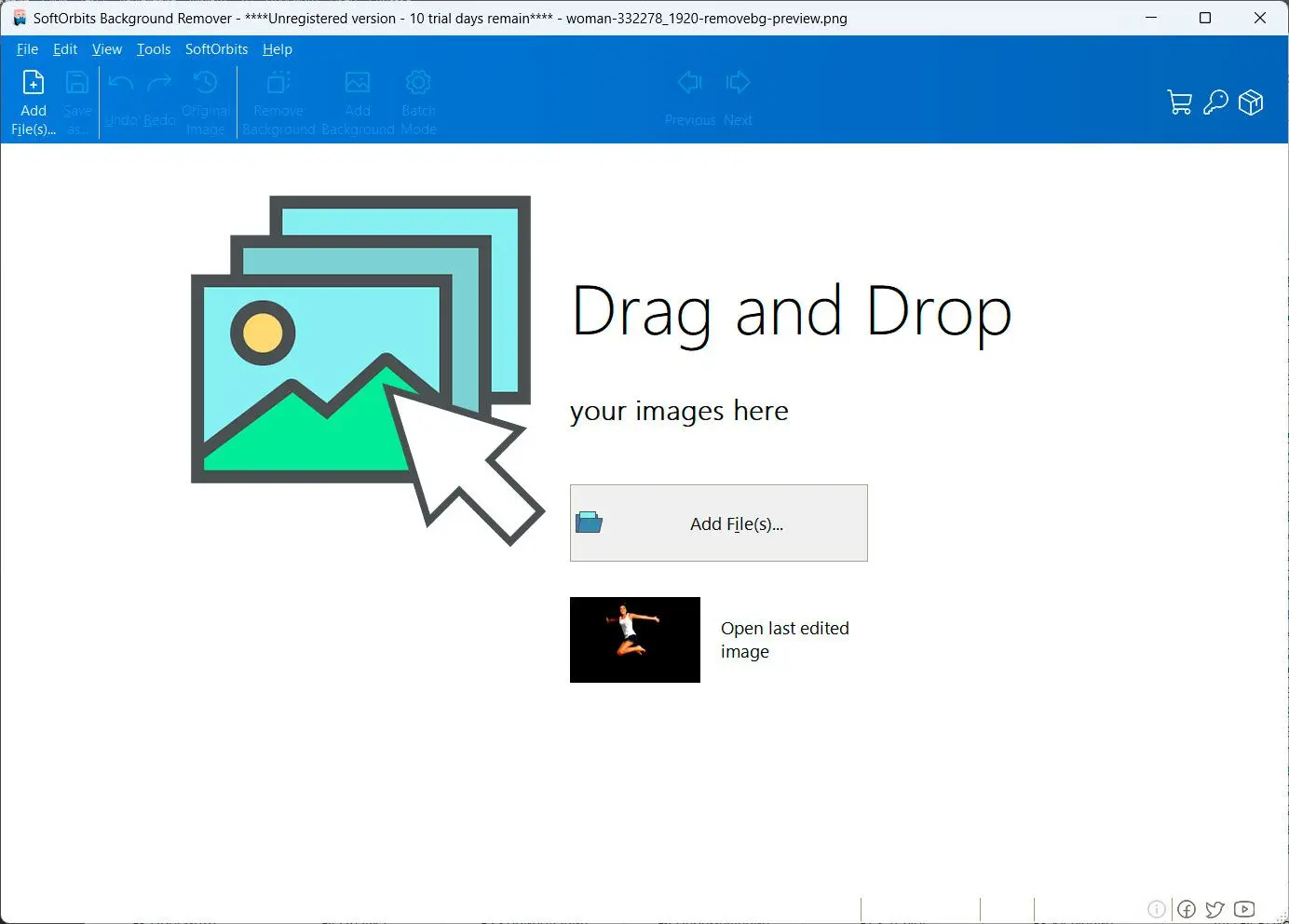 Стартовый экран SoftOrbits Background Remover с областью Drag and Drop и кнопкой Add File(s)