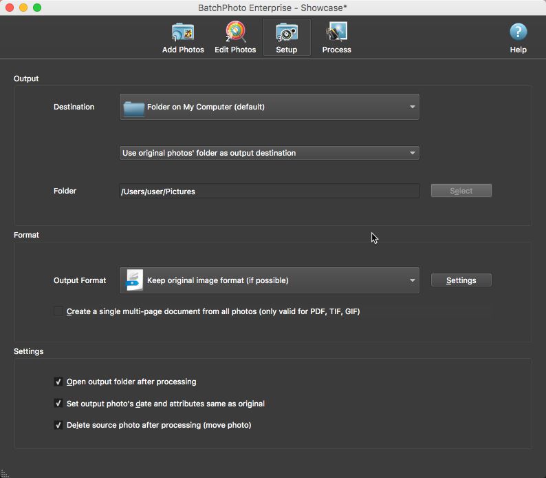 Окно BatchPhoto Setup с выбором папки назначения и формата