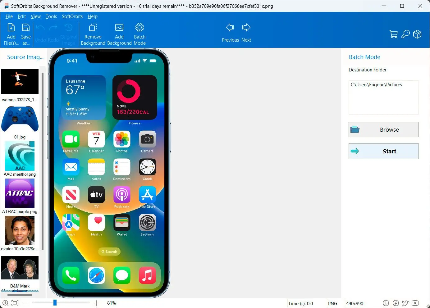 Пакетный режим SoftOrbits Background Remover со списком исходных изображений и выбором Destination Folder