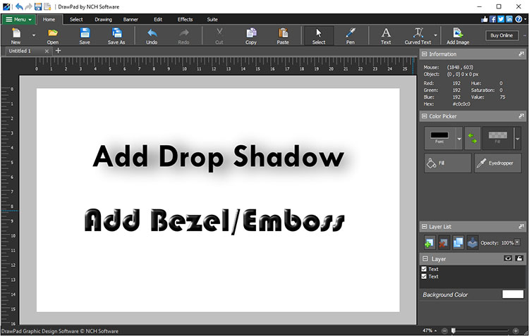 Текст в DrawPad с падающей тенью и эффектом рельефа