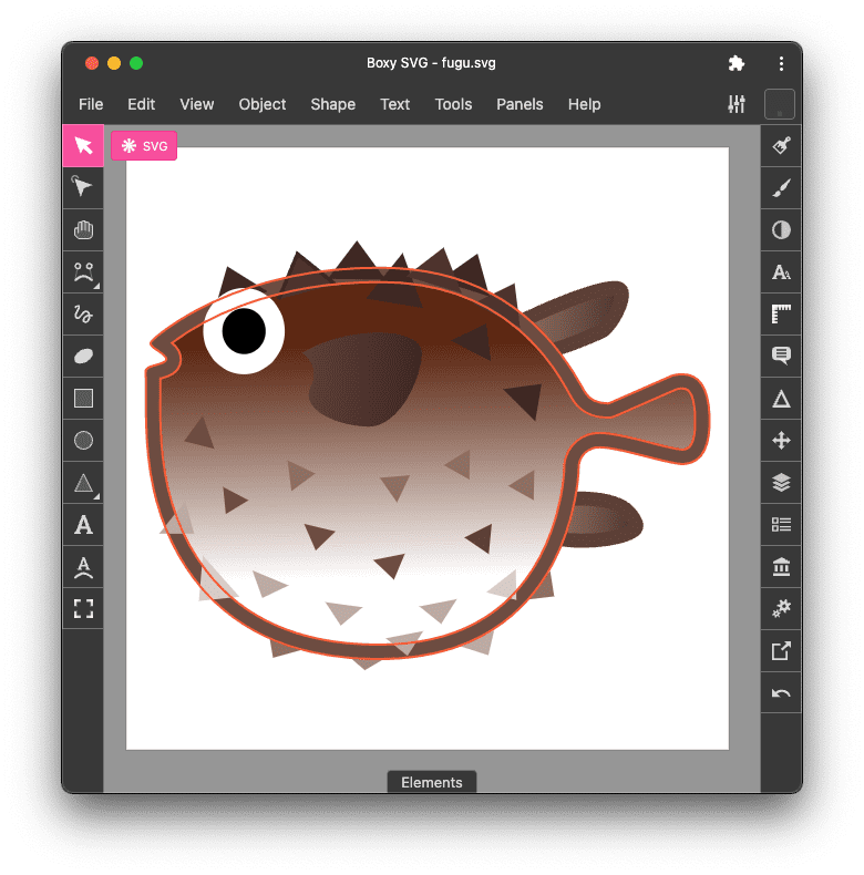 Главное окно Boxy SVG с холстом, боковыми инструментами и выделенной векторной иллюстрацией