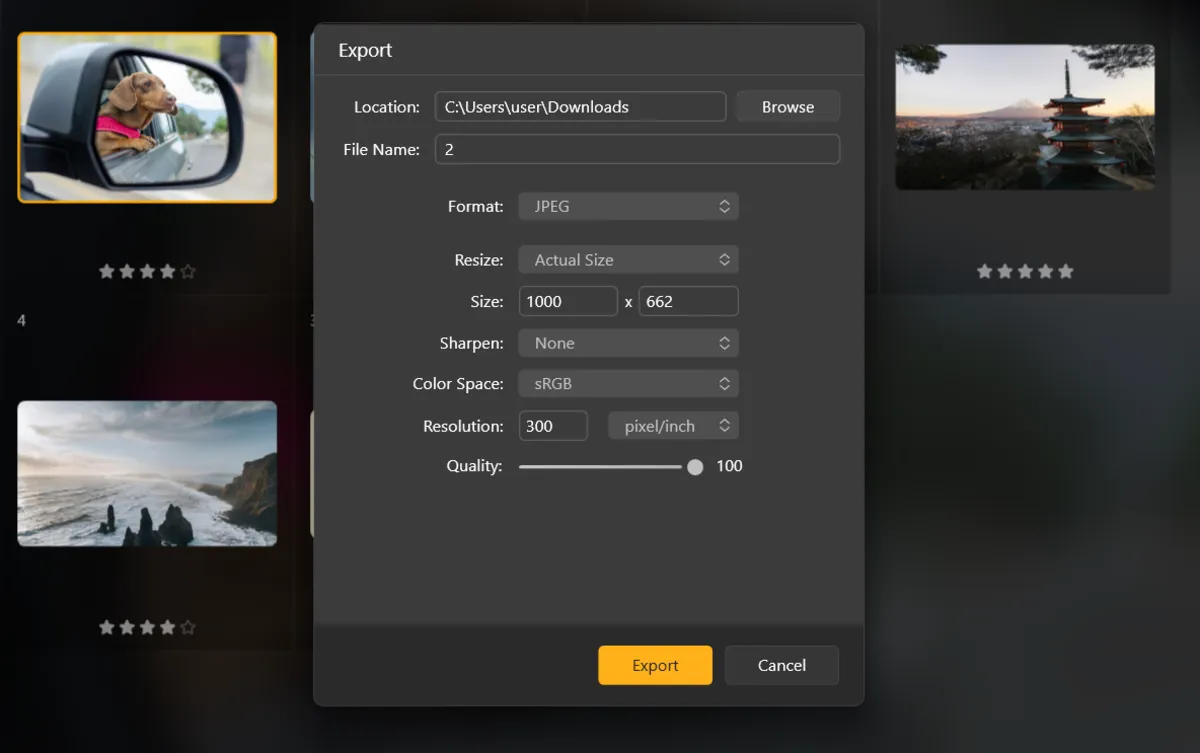 Окно Export в Luminar Neo с форматом, размером, цветовым пространством и качеством