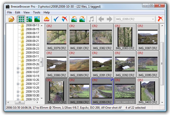 Режим миниатюр BreezeBrowser Pro с сеткой фотографий и данными съёмки