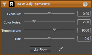 Панель Raw Adjustments LightZone с экспозицией, цветовым шумом, температурой и оттенком