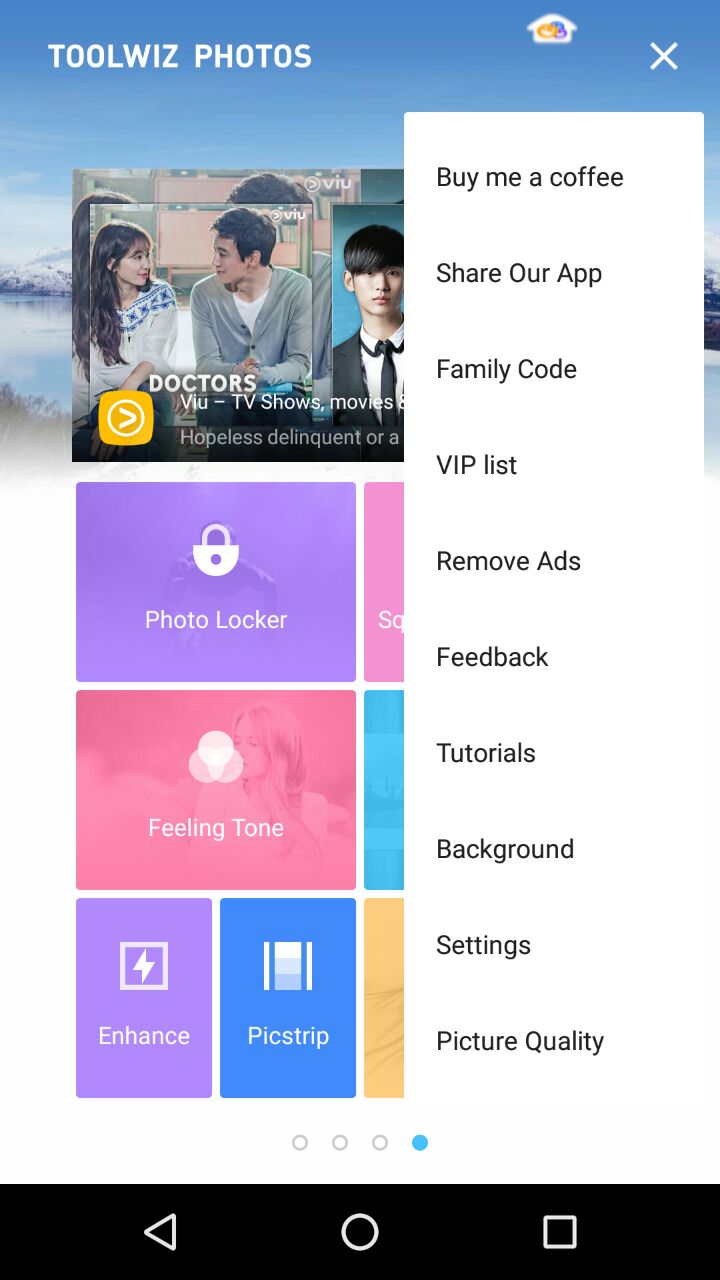 Боковое меню Toolwiz Photos с пунктами VIP list, Remove Ads, Tutorials и Settings