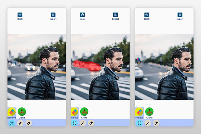 Последовательность удаления объекта в TouchRemove с красной маской и заполненным фоном