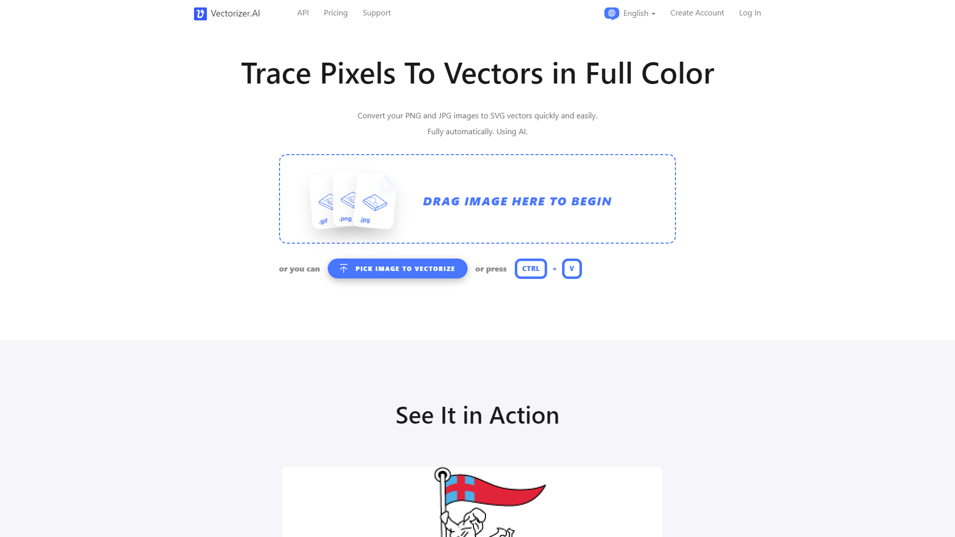 Стартовый экран Vectorizer.AI с областью загрузки растрового изображения