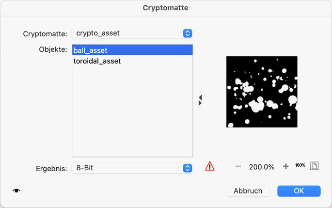 Диалог Cryptomatte в PhotoLine 25 со списком объектов и предпросмотром маски