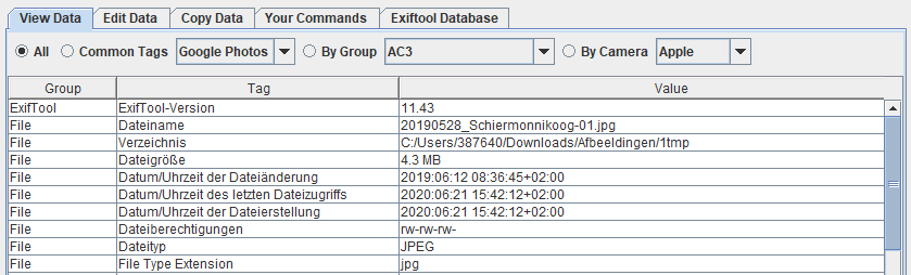 Вкладка View Data в jExifToolGUI со списком метаданных выбранного изображения
