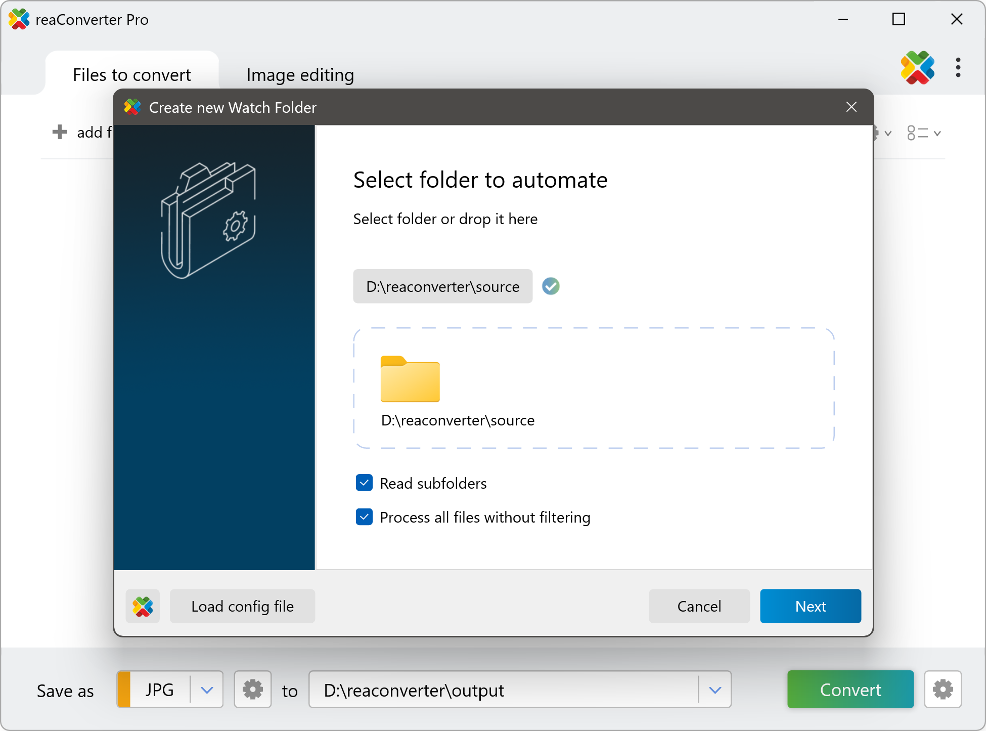 Мастер Watch Folders reaConverter Pro с выбором исходной папки
