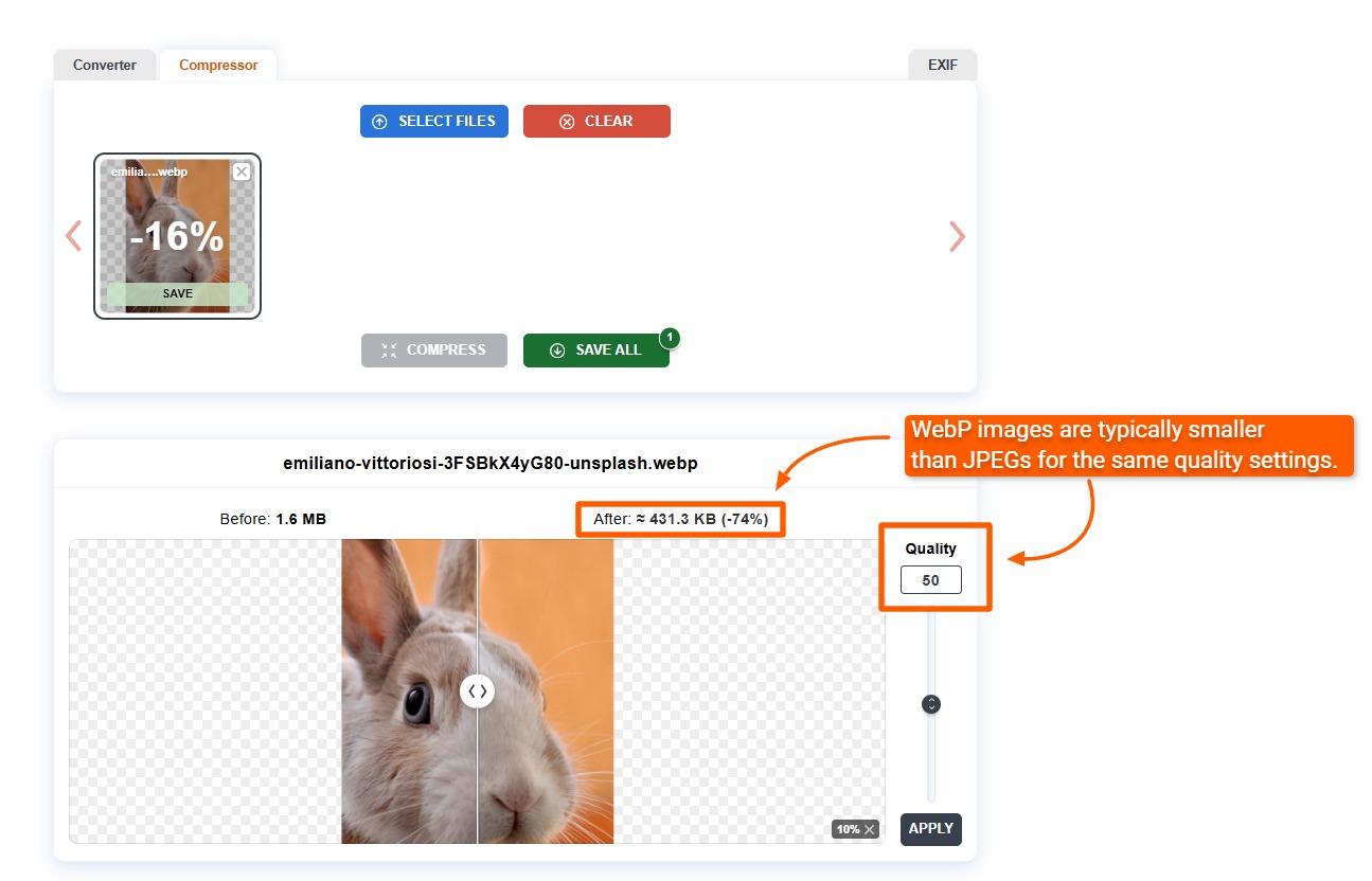 Сжатие WebP с регулятором Quality в ImageCompressor.com