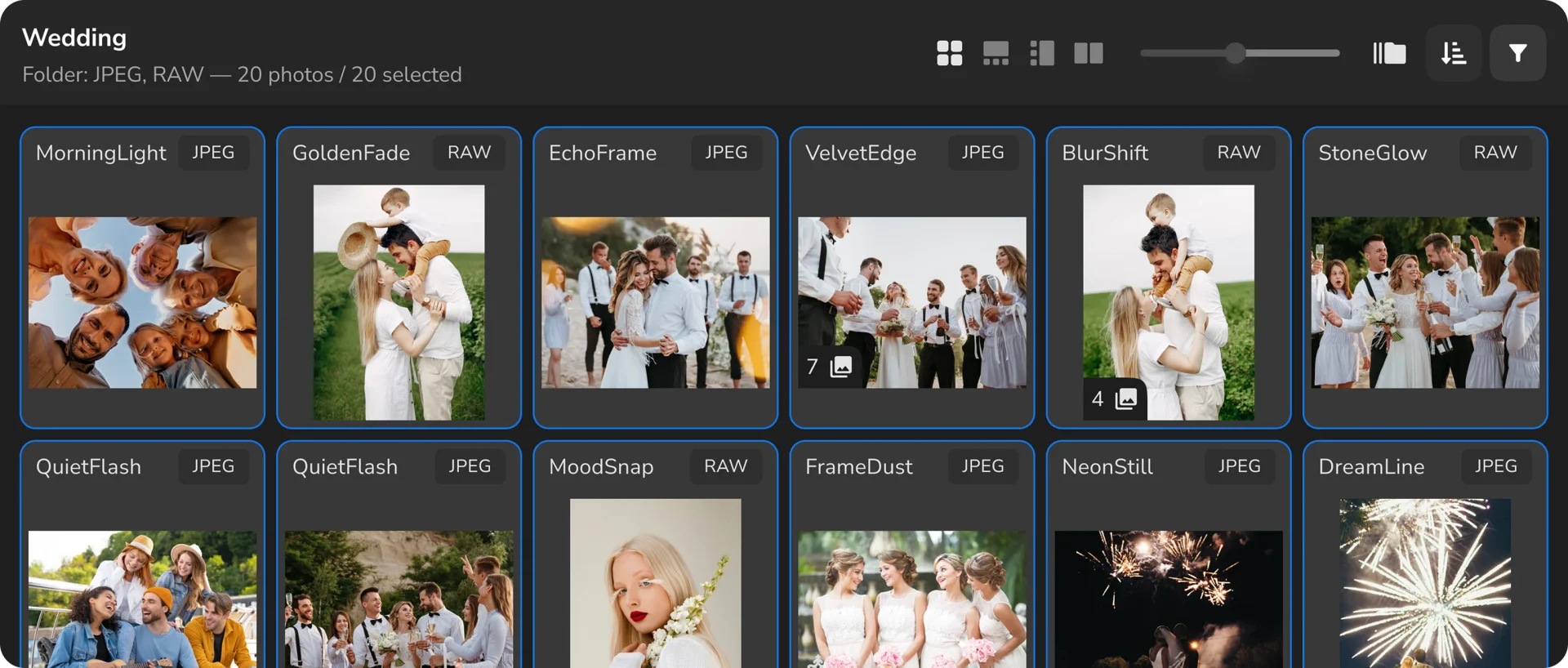 Интерфейс Arams для работы с серией свадебных фотографий