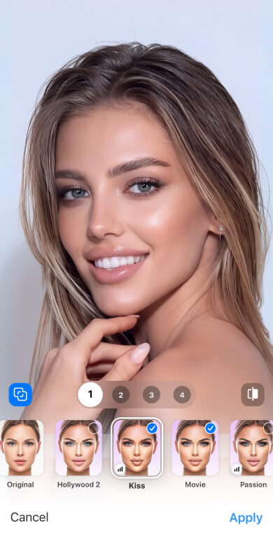 Интерфейс FaceApp с лентой вариантов фильтра Impression и кнопками Cancel и Apply