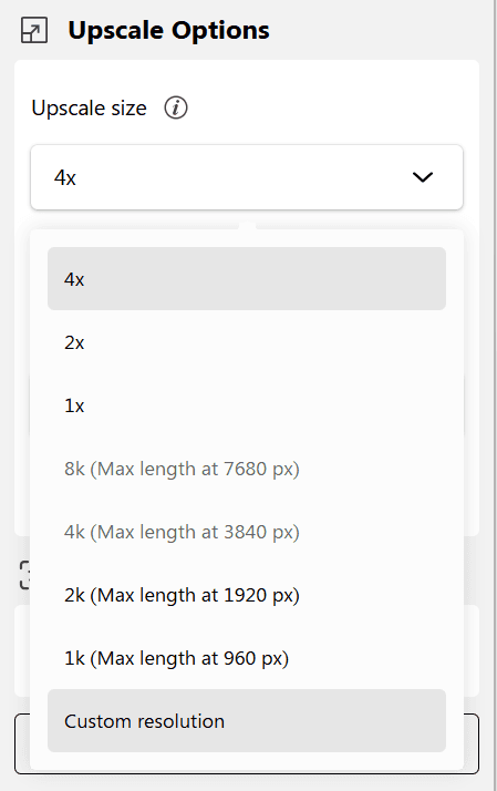 Меню Upscale size в Nero AI Image Upscaler с коэффициентами и пользовательским разрешением