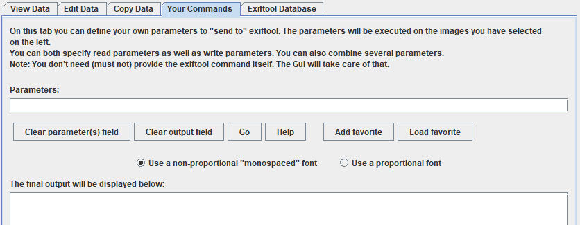 Панель пользовательских команд ExifTool в jExifToolGUI