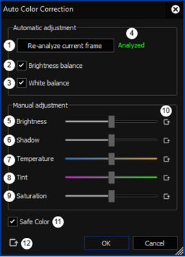 Окно Auto Color Correction с повторным анализом кадра и ручными настройками яркости, теней и баланса белого