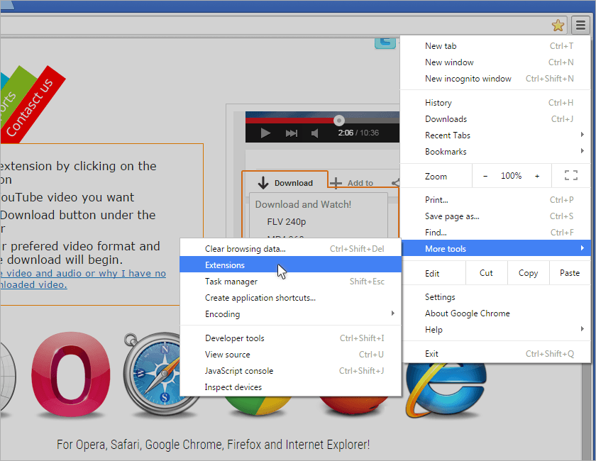 Старый интерфейс Chrome с переходом к странице расширений для установки FastestTube