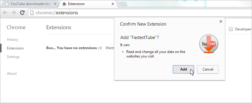Архивное окно разрешений FastestTube в Google Chrome