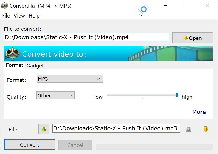 Convertilla при конвертации MP4 в MP3