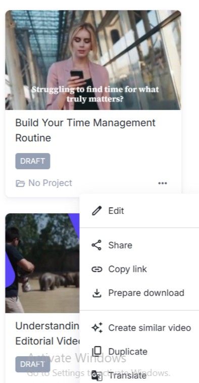Меню ролика на Dashboard Lumen5 с командами Edit, Share и Prepare download