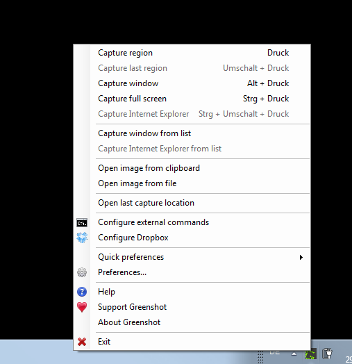 Контекстное меню Greenshot в области уведомлений Windows
