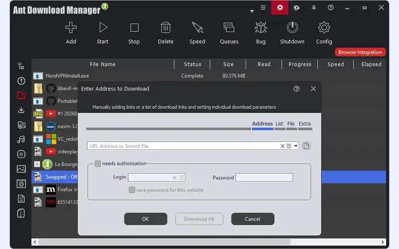 Диалог Enter Address to Download в Ant Download Manager