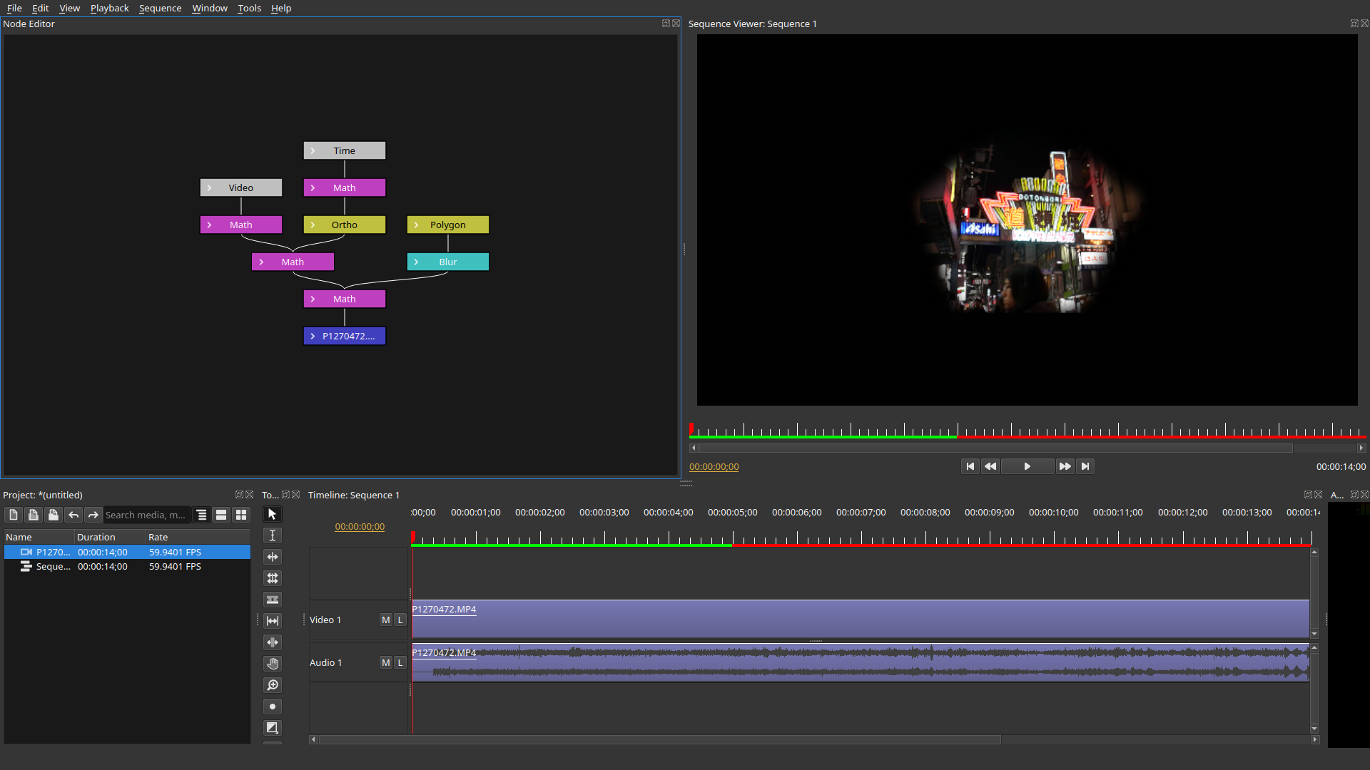 Рабочее окно Olive Video Editor 0.2 с таймлайном, просмотром и панелями проекта
