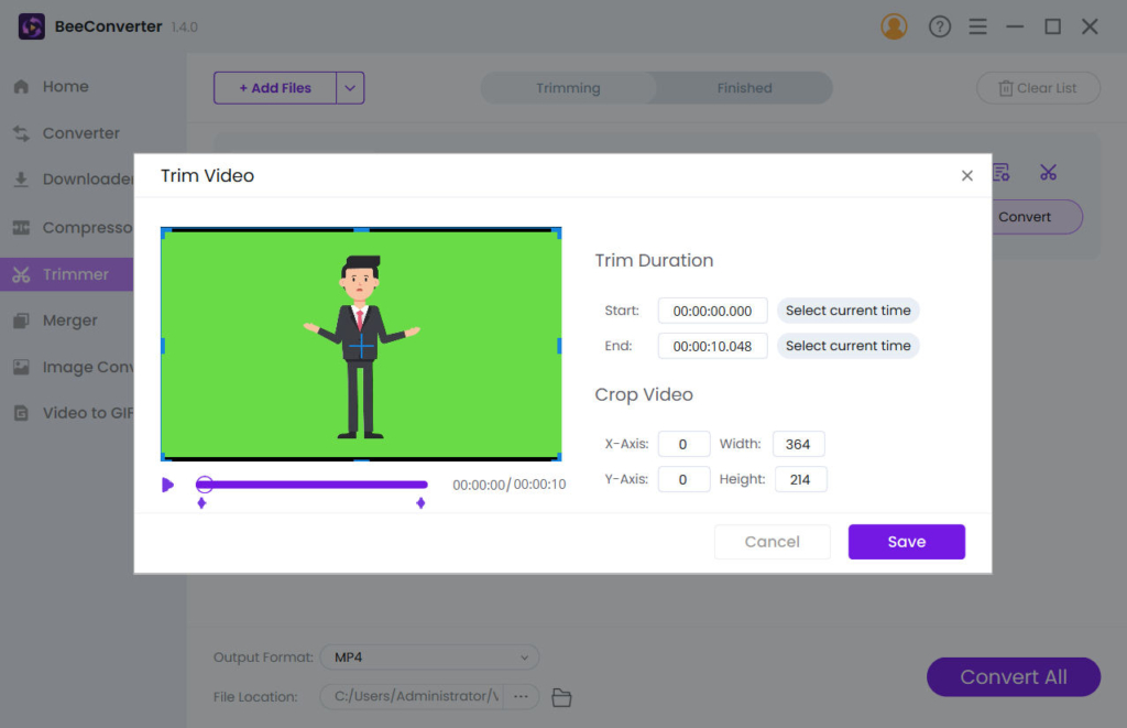 Окно Trim Video в BeeConverter с точным временем начала и конца и настройками Crop Video