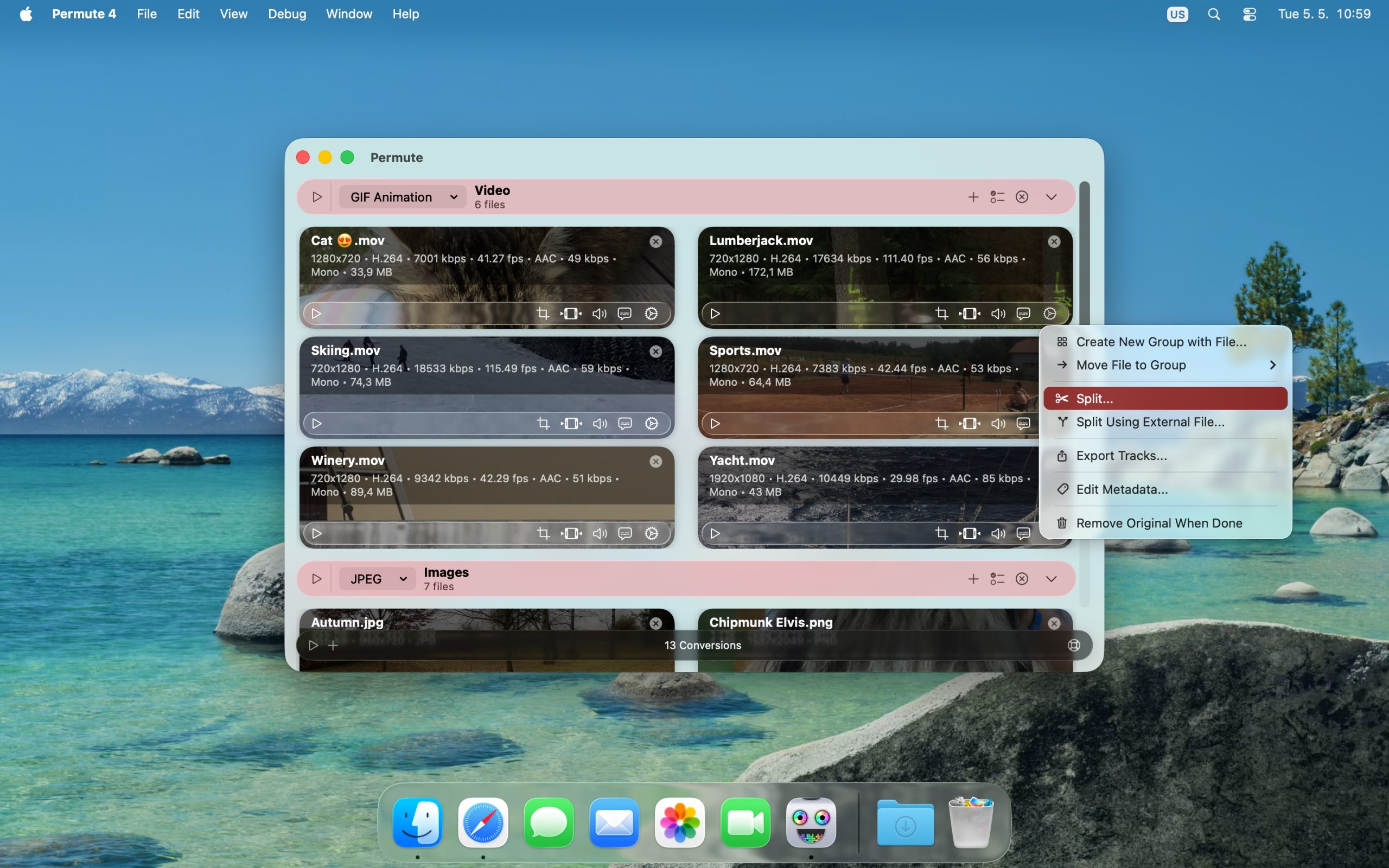 Меню Actions в Permute 4 с командами Split, Export Tracks и Edit Metadata