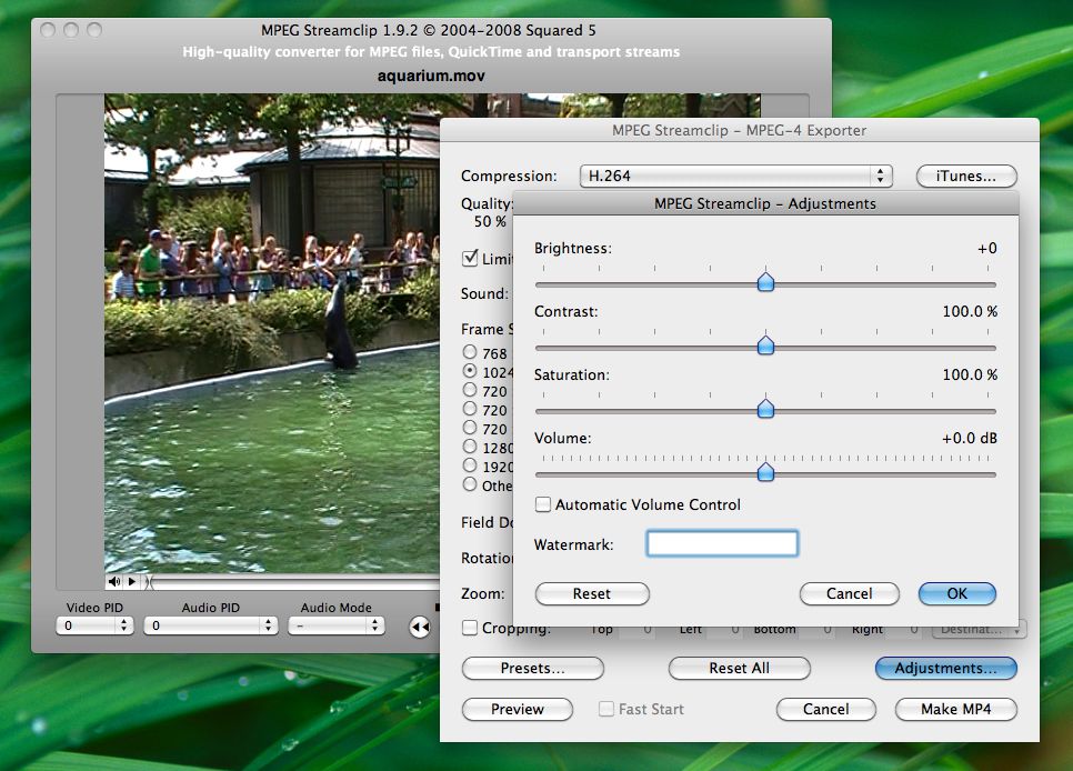 Окно MPEG-4 Exporter и панель Adjustments в MPEG Streamclip