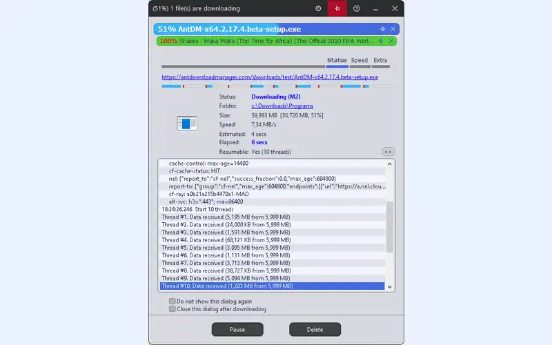 Окно прогресса загрузки Ant Download Manager с отображением потоков и скорости