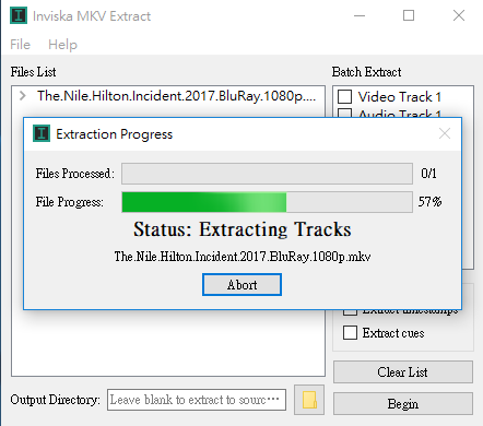 Окно Extraction Progress в Inviska MKV Extract с индикаторами Files Processed и File Progress