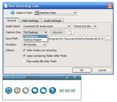 Окно New Recording Task в SMRecorder с настройками Desktop Video