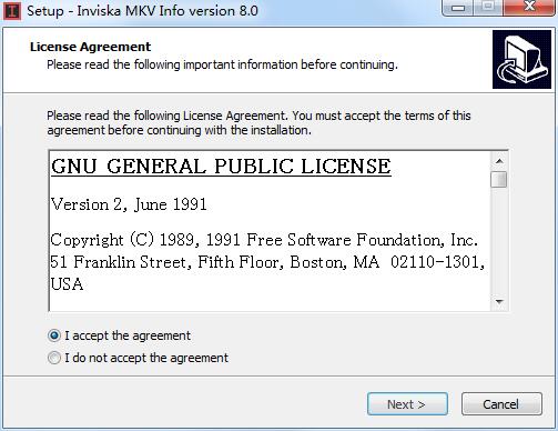 Лицензионное соглашение GNU GPLv2 в установщике Inviska MKV Info 8.0 для Windows