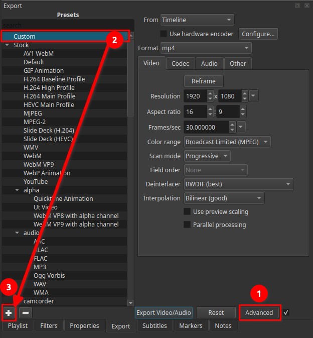 Панель Export Shotcut с пресетами, настройками видео и кнопкой Export Video Audio