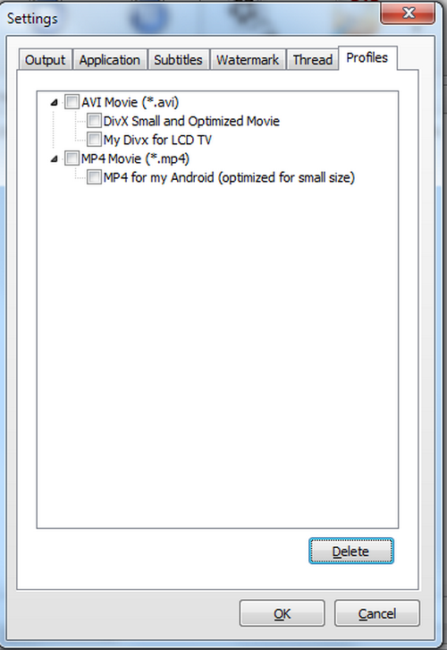 Окно Settings Video to Video Converter со списком сохранённых профилей