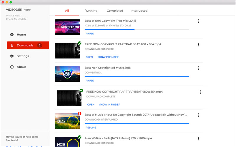 Исторический интерфейс настольного Videoder для macOS