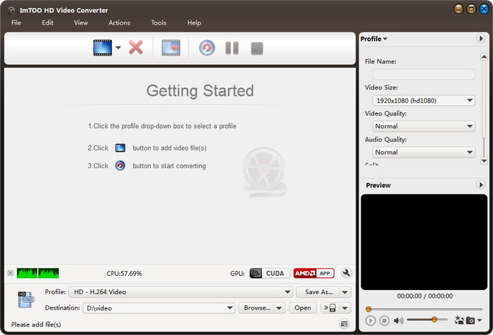 Главное окно ImTOO HD Video Converter до добавления файлов