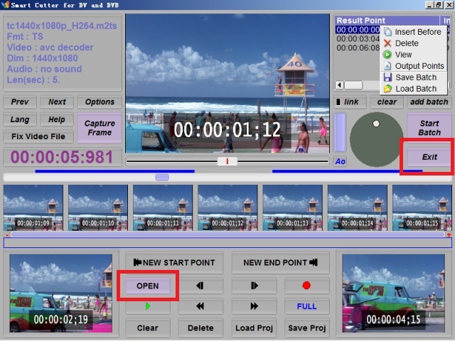 Открытый файл в интерфейсе Smart Cutter for DV and DVB с окном предпросмотра, списком Result Point и кнопками монтажа
