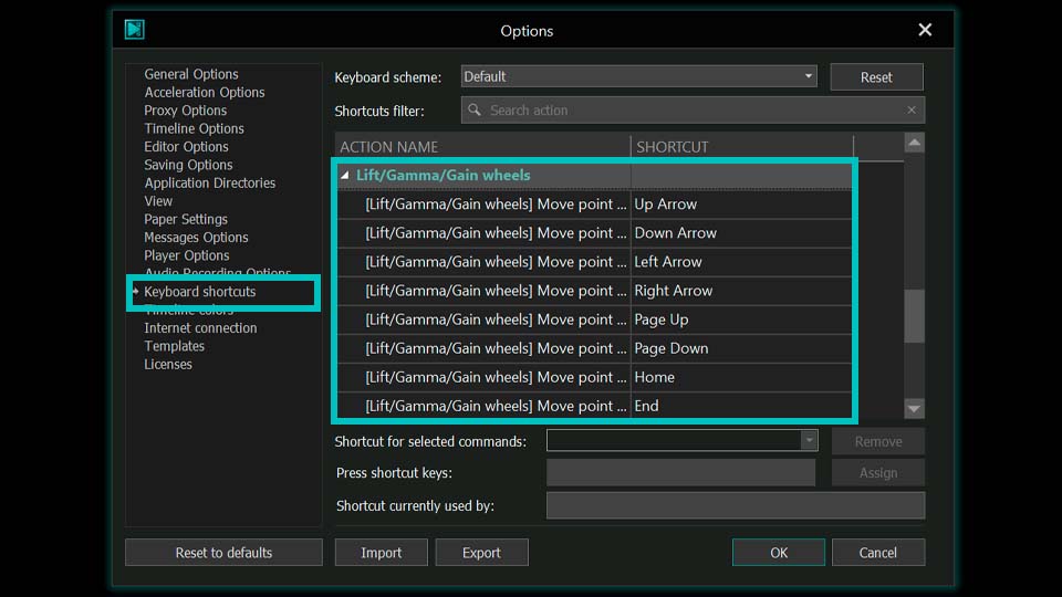 Настройка горячих клавиш Lift Gamma Gain в VSDC 11.2