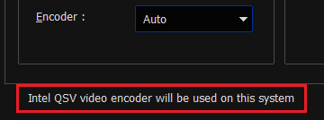 Фрагмент настроек экспортёра EDIUS: Encoder Auto и сообщение о фактическом использовании Intel QSV