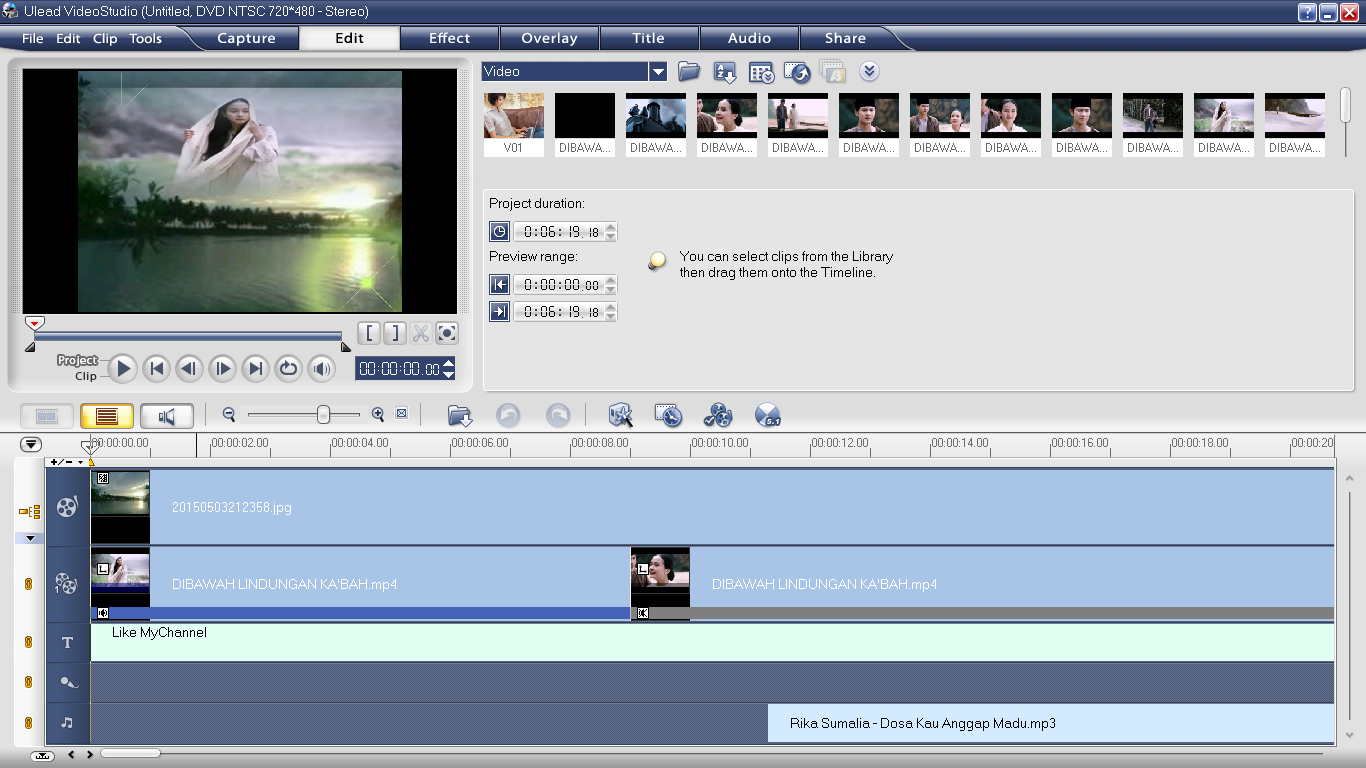 Ulead VideoStudio 11 в режиме Timeline с видео, изображением, титром и аудиодорожкой