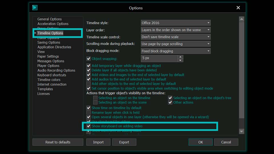 Настройки временной шкалы VSDC Video Editor 11.2