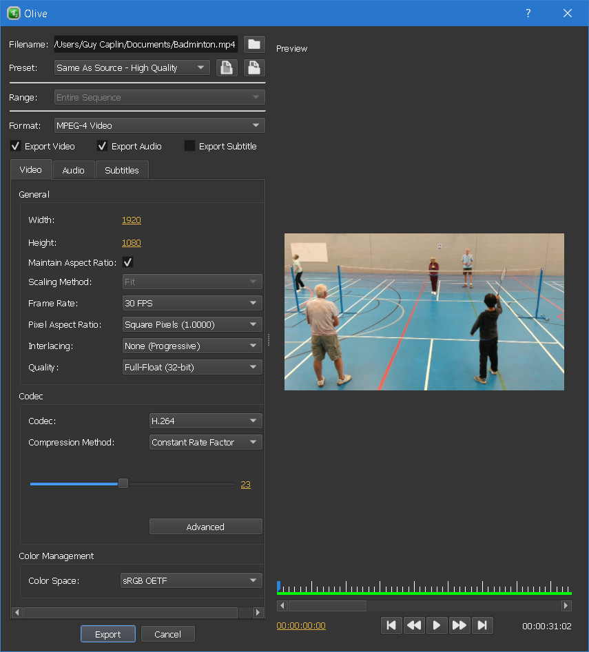 Диалог экспорта Olive Video Editor 0.2 с параметрами кодирования
